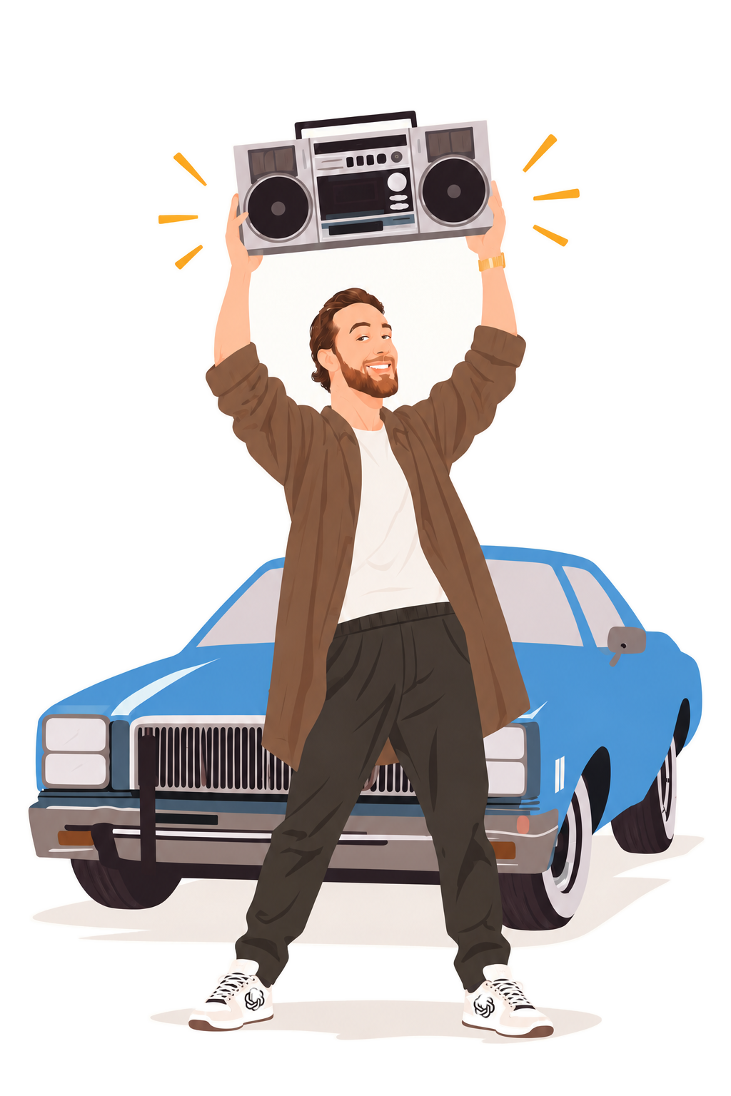 Illustration of Shugs holding a boombox overhead in front of a blue car